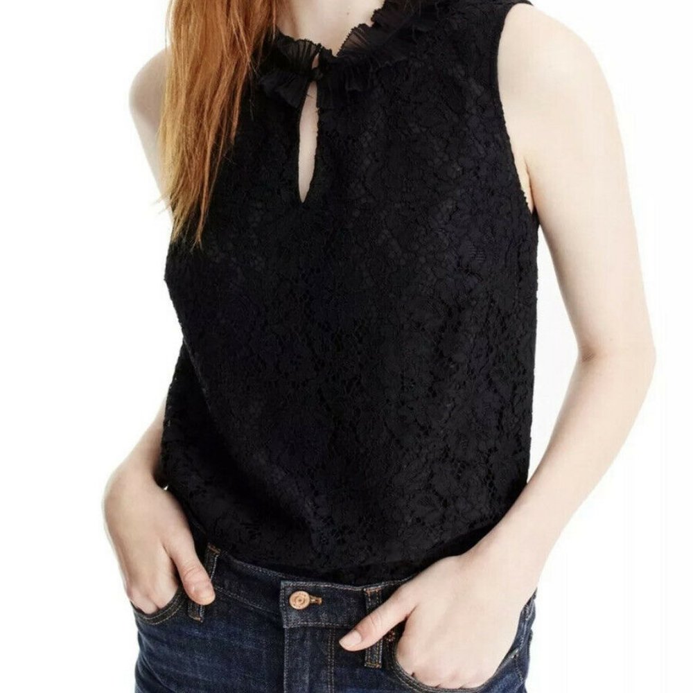 J Crew Floral Lace Ruffle Neck Top Blouse Size XS